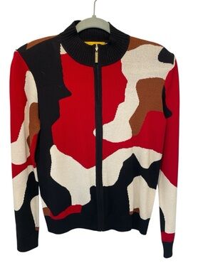 St. John Santana Knit  Long Sleeve Zip Front Red Camouflage Sweater size P